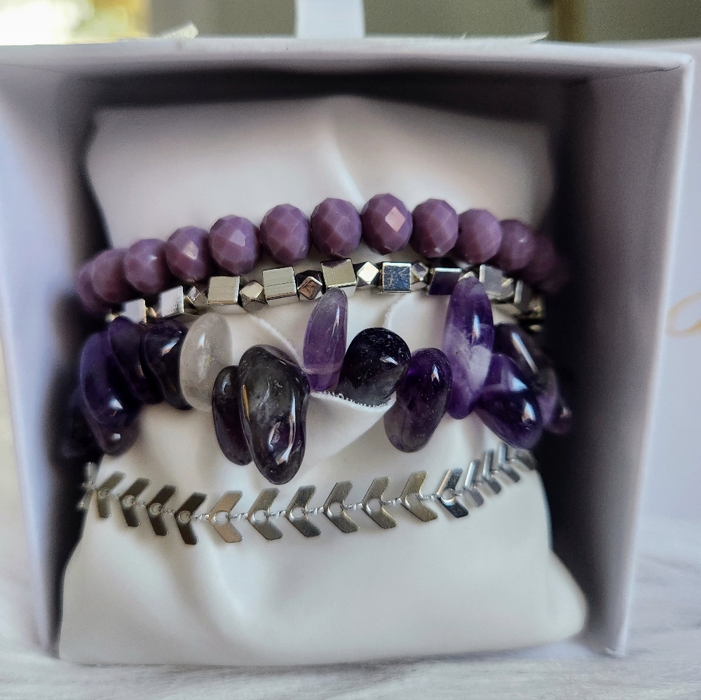 NWT Bella Fizz 'Purple Rain' Amethyst & Silver Bella Bundle Bracelet Set of 4